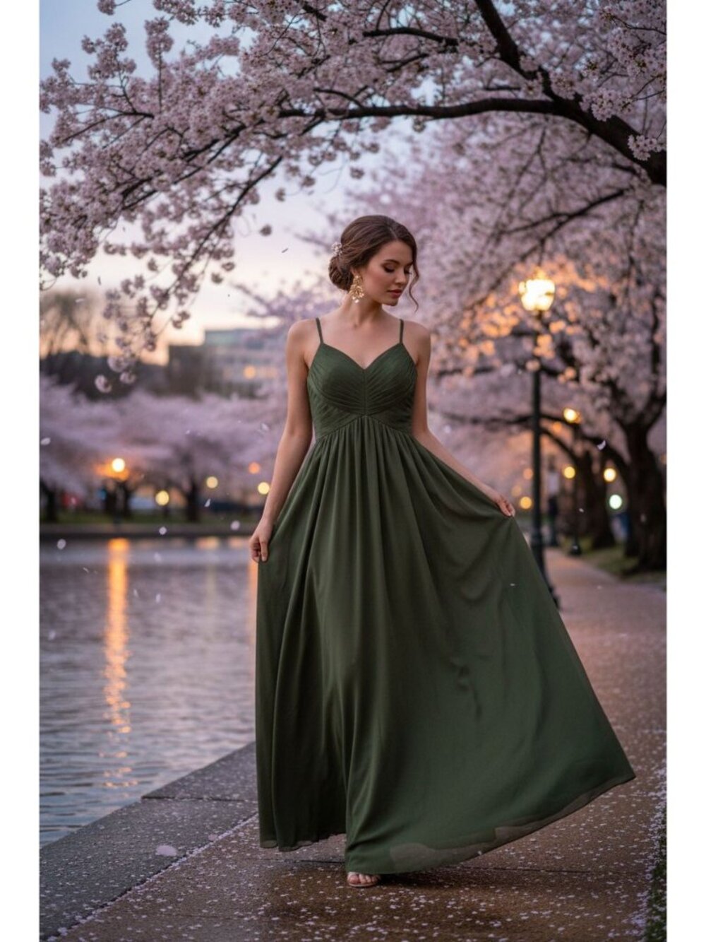 Maxi Dress With Pleated Bodice & Spaghetti Straps Size 12 Olive Green